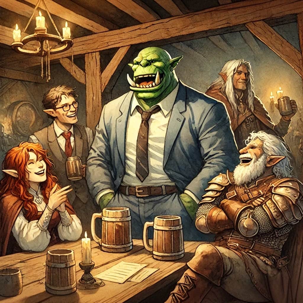 A group of fantasy characters, including an orc in a suit and elves, sharing drinks and laughter in a cozy tavern