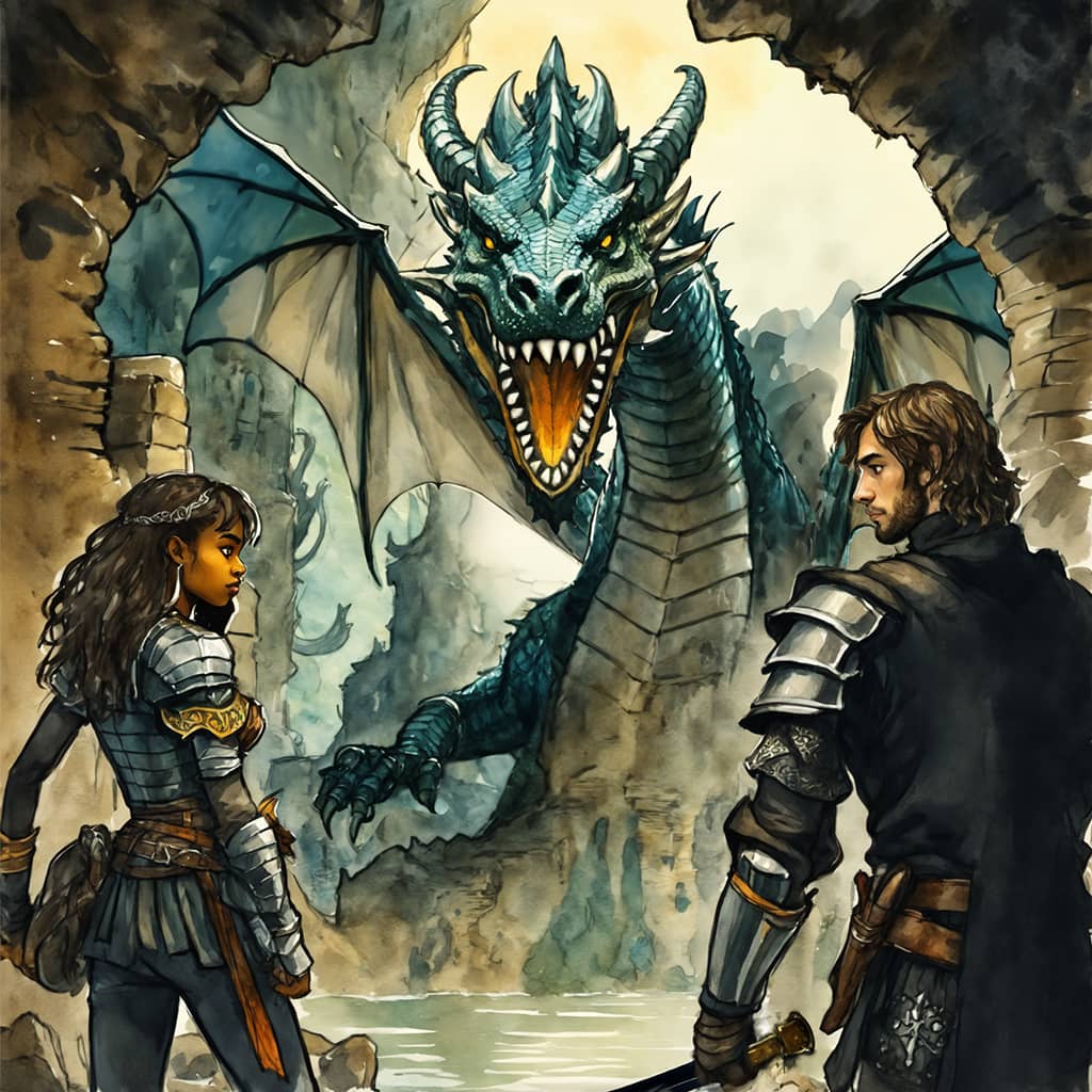 Two armored adventurers face a roaring blue dragon in a ruined cavern, showcasing a dramatic fantasy encounter.